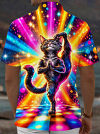 Oceanlyte Men's Graphic Yoga Cat With Disco Background Print Short Sleeve Shirt with Chest Pocket