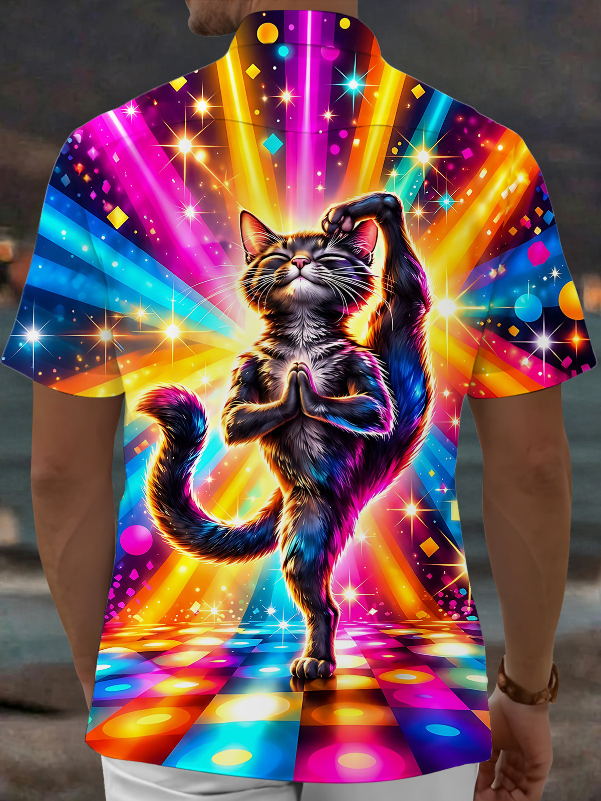Oceanlyte Men's Graphic Yoga Cat With Disco Background Print Short Sleeve Shirt with Chest Pocket