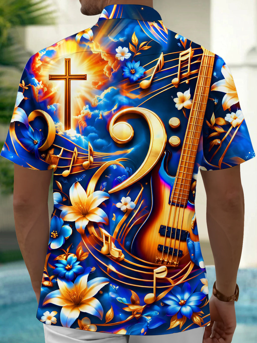 Oceanlyte Men's Hawaiian Bass Guitar And Musical Notes Print Short Sleeve Shirt with Chest Pocket
