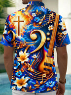 Oceanlyte Men's Hawaiian Bass Guitar And Musical Notes Print Short Sleeve Shirt with Chest Pocket