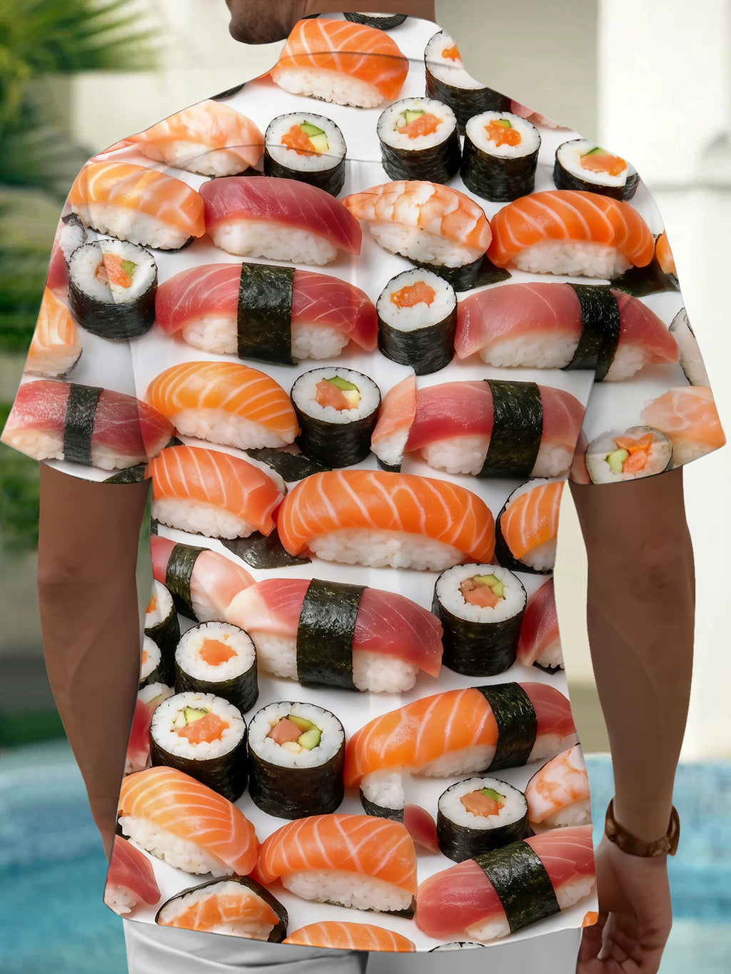 Oceanlyte Men's Hawaiian Sushi Rolls And Nigiri Print Short Sleeve Shirt with Chest Pocket