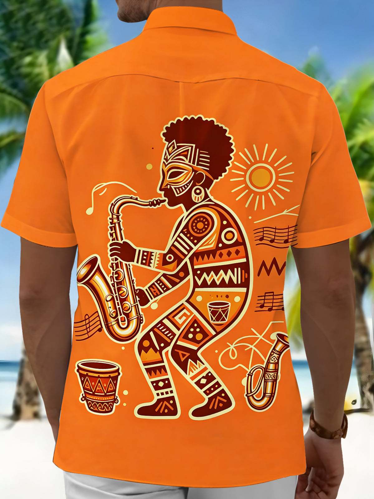 Oceanlyte Men's Hawaiian African Jazz Musician Print Short Sleeve Shirt with Chest Pocket
