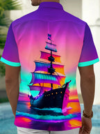 Oceanlyte Men's Hawaiian Sailing Ship Print Short Sleeve Shirt with Chest Pocket