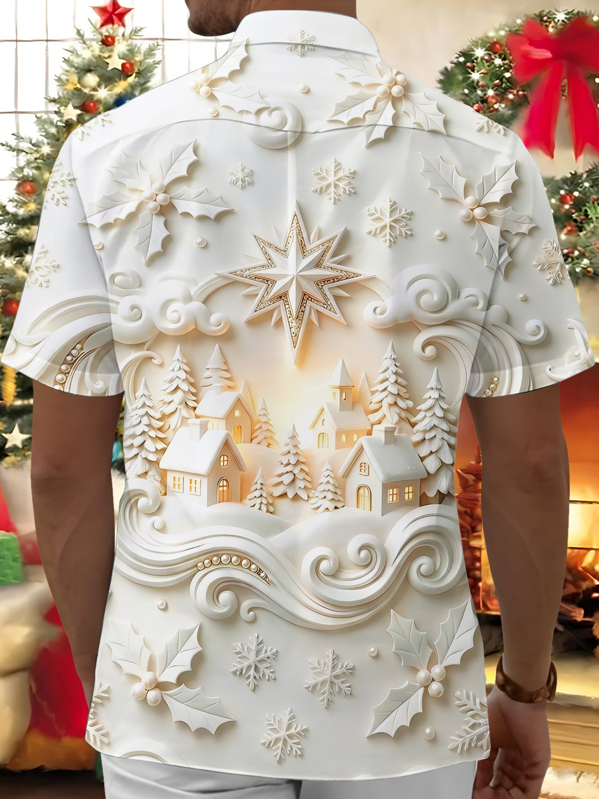 Oceanlyte Men's 3D 3D Snow Scene Print Christmas Town Print Short Sleeve Shirt with Chest Pocket