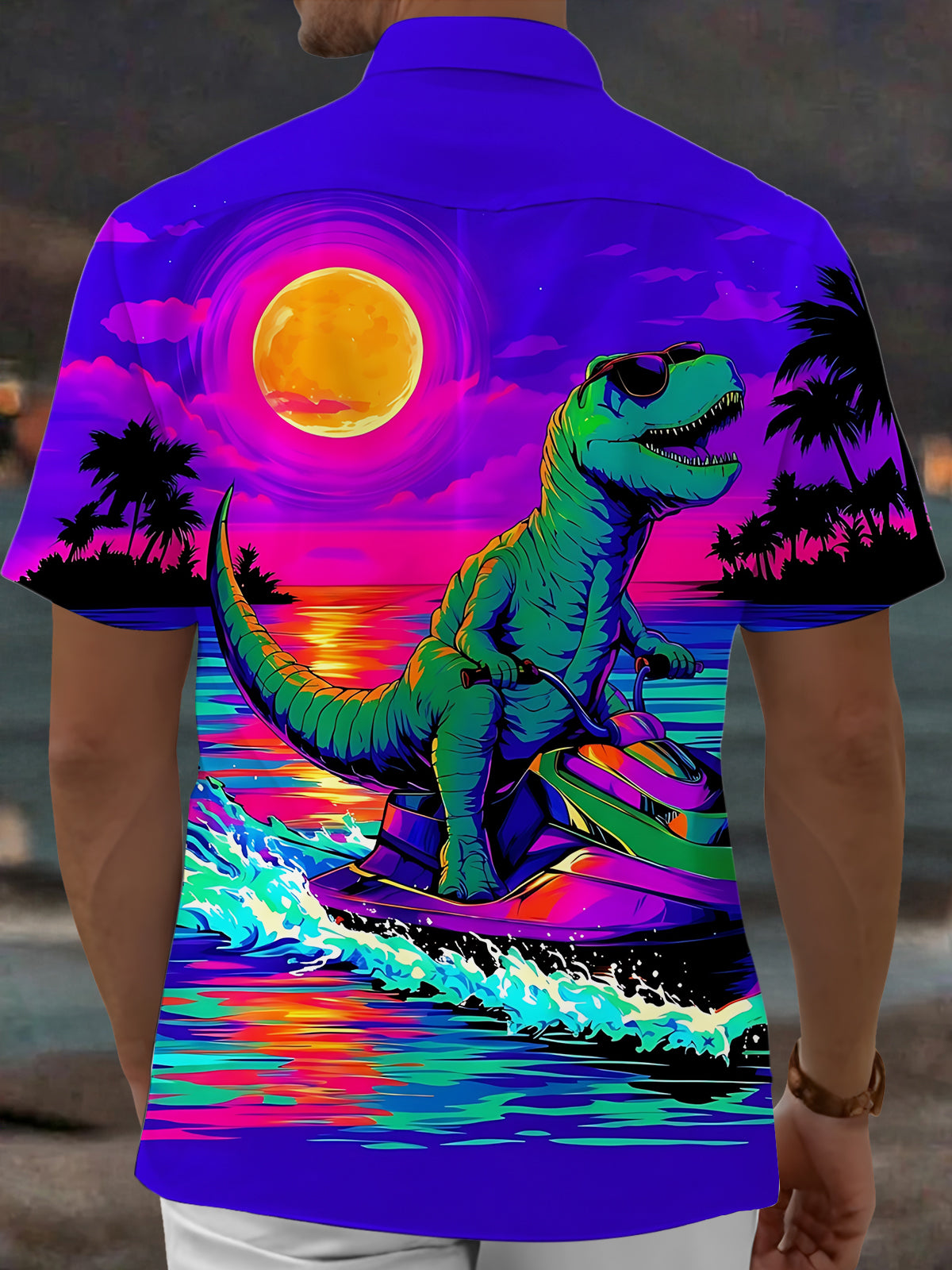 Oceanlyte Men's Hawaiian Dinosaur On Jet Ski Print Short Sleeve Shirt with Chest Pocket