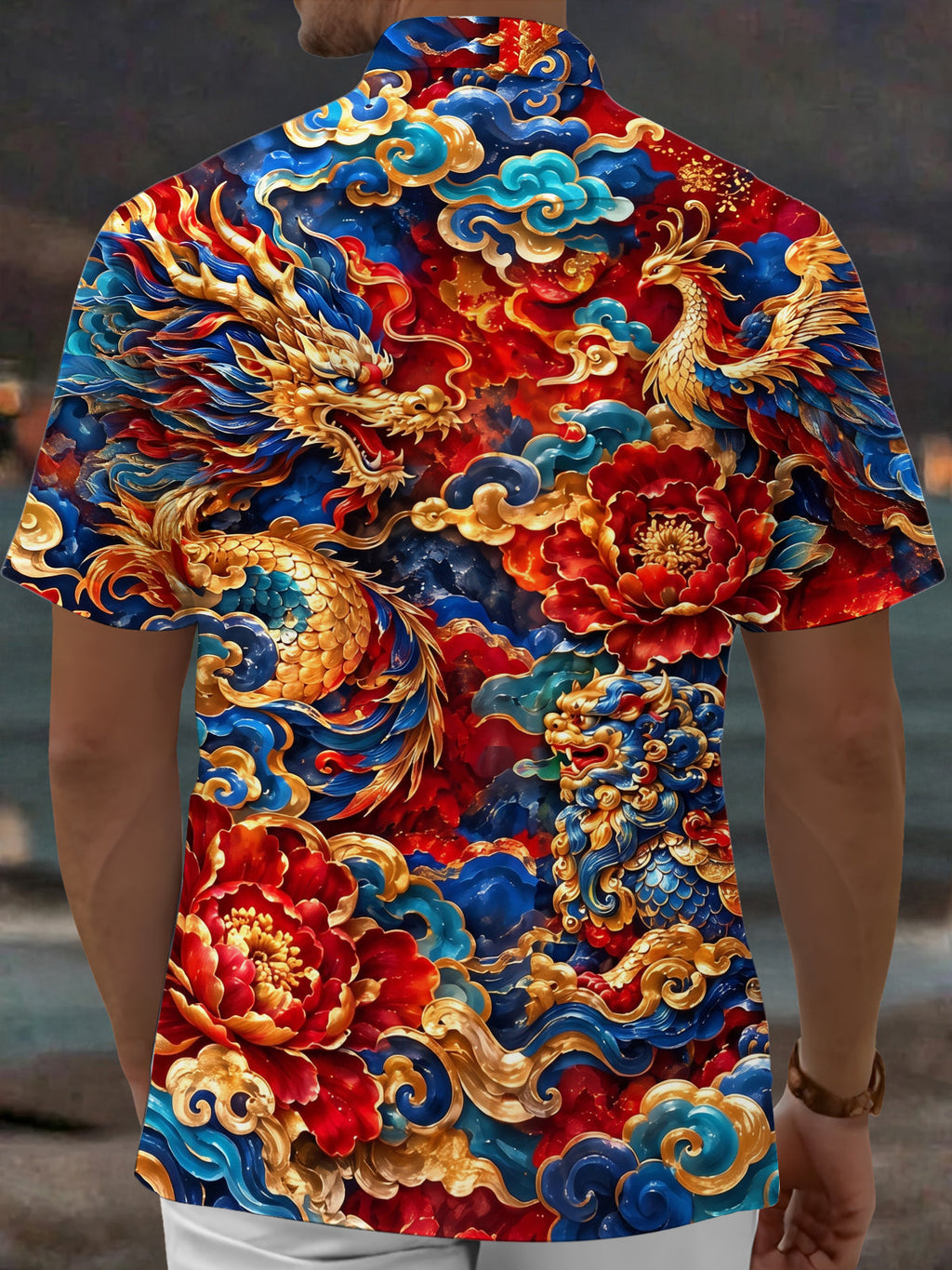 Oceanlyte Men's Printed Chinese Dragon And Phoenix Print Short Sleeve Shirt with Chest Pocket