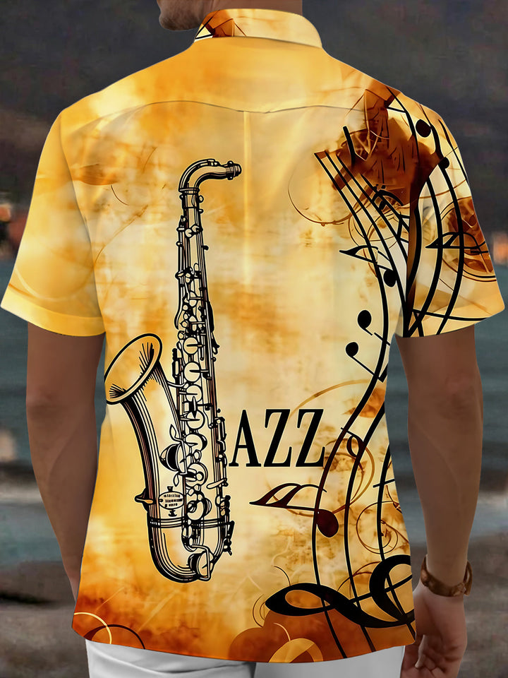 Oceanlyte Men's Graphic Jazz Saxophone Musical Notes Print Short Sleeve Button Down Shirt with Chest Pocket