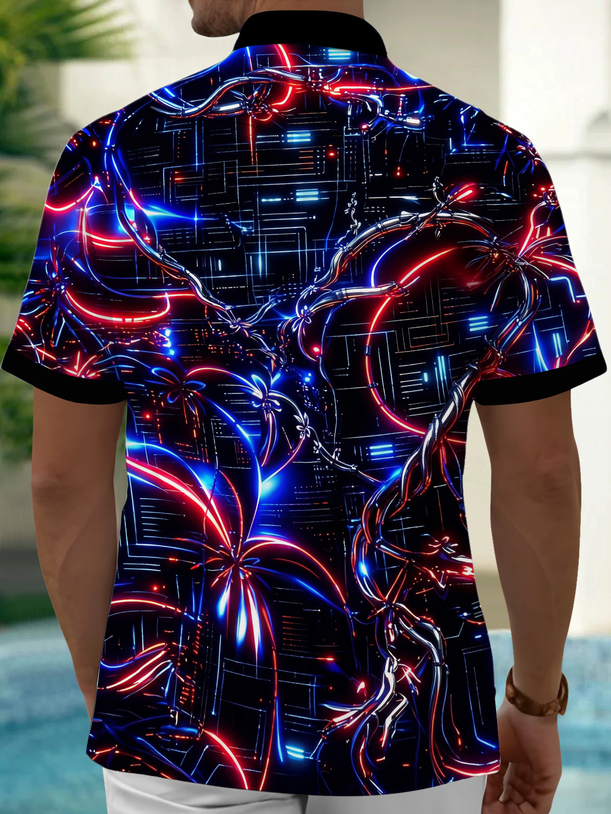 Oceanlyte Men's Patterned Neon Circuit Lines Print Short Sleeve Shirt with Chest Pocket