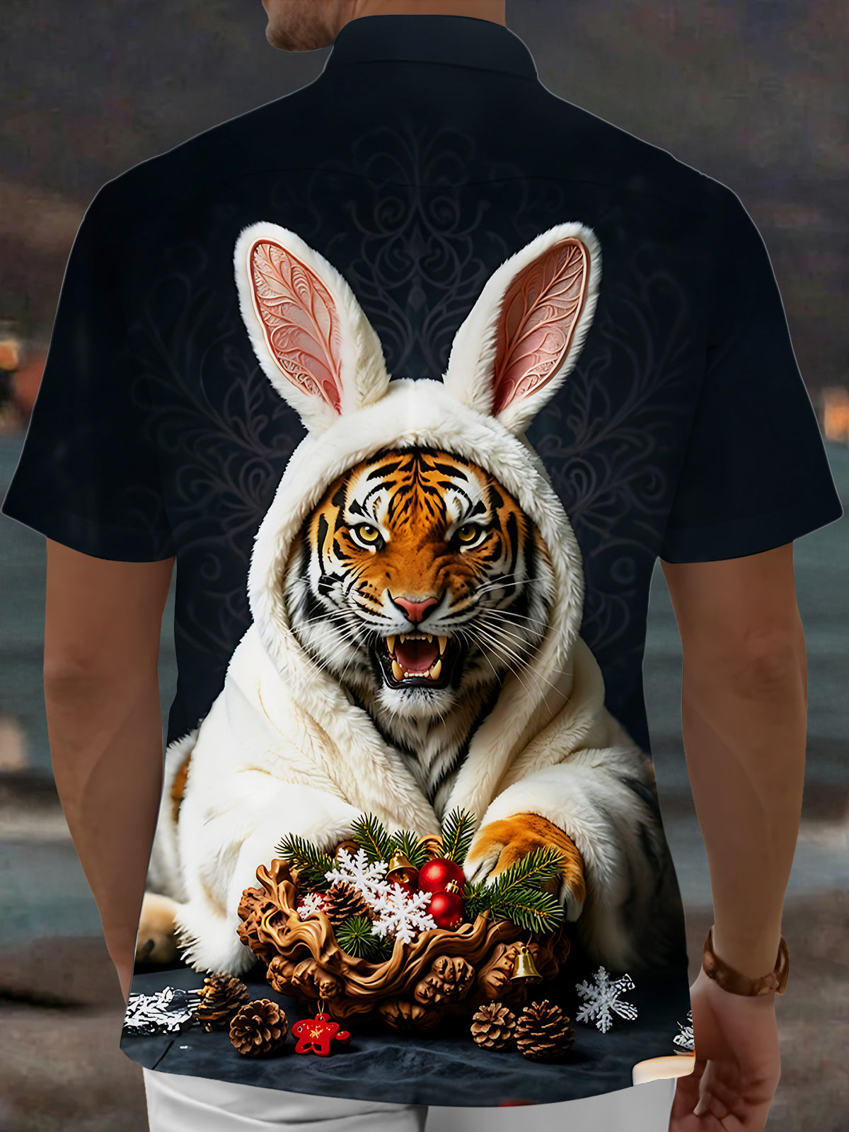 Oceanlyte Men's Short Sleeve Shirt - Christmas Ornaments And Pine Cones Print Tiger In Bunny Costume Print with Chest Pocket