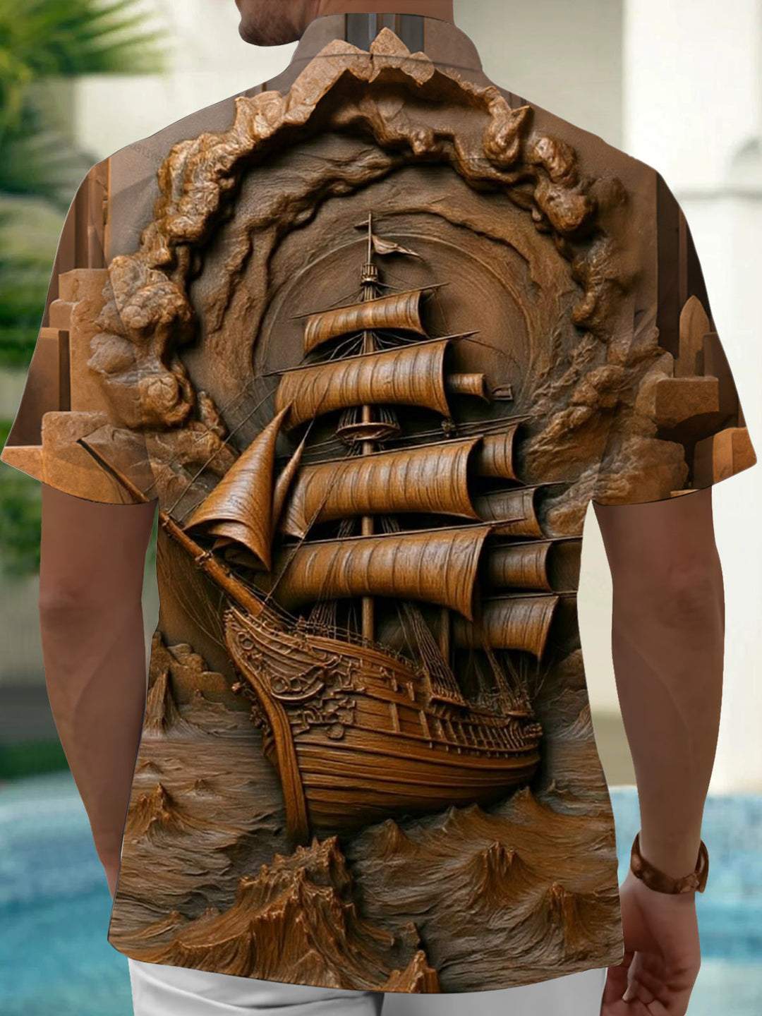 Oceanlyte Men's Wooden Ship Relief Print Short Sleeve Shirt with Chest Pocket