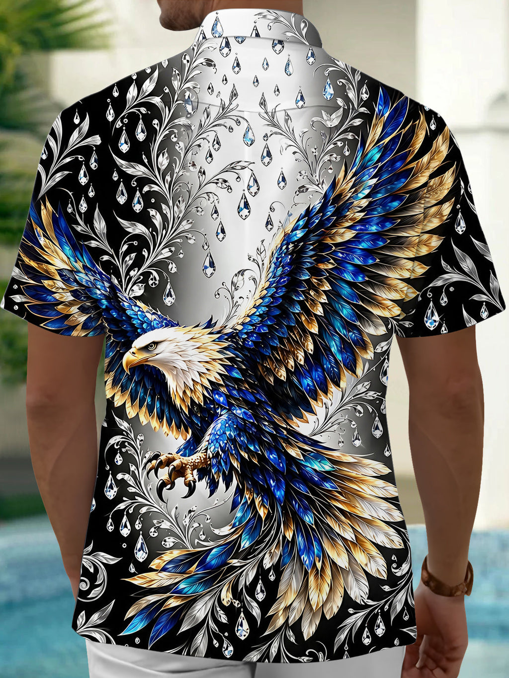 Oceanlyte Men's Eagle With Blue And Gold Feathers Print Short Sleeve Shirt with Chest Pocket