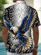 Oceanlyte Men's Eagle With Blue And Gold Feathers Print Short Sleeve Shirt with Chest Pocket