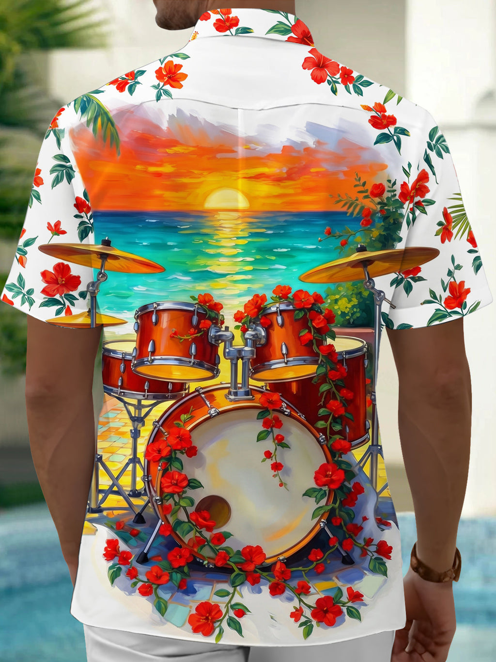 Oceanlyte Men's Hawaiian Drum Set With Red Flowers Print Short Sleeve Shirt with Chest Pocket