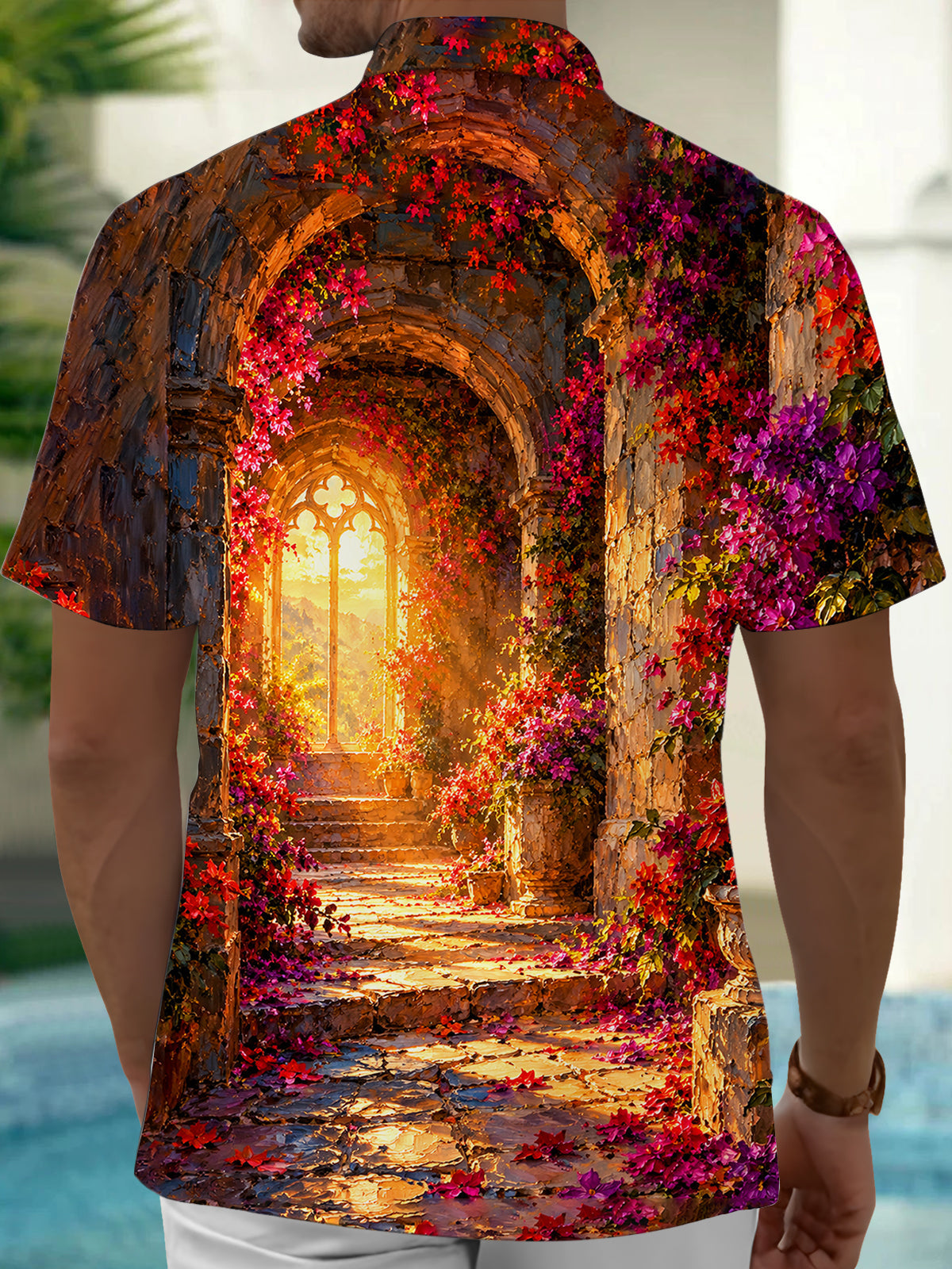 Oceanlyte Men's Hawaiian Floral Archway And Stone Steps Print Short Sleeve Shirt with Chest Pocket