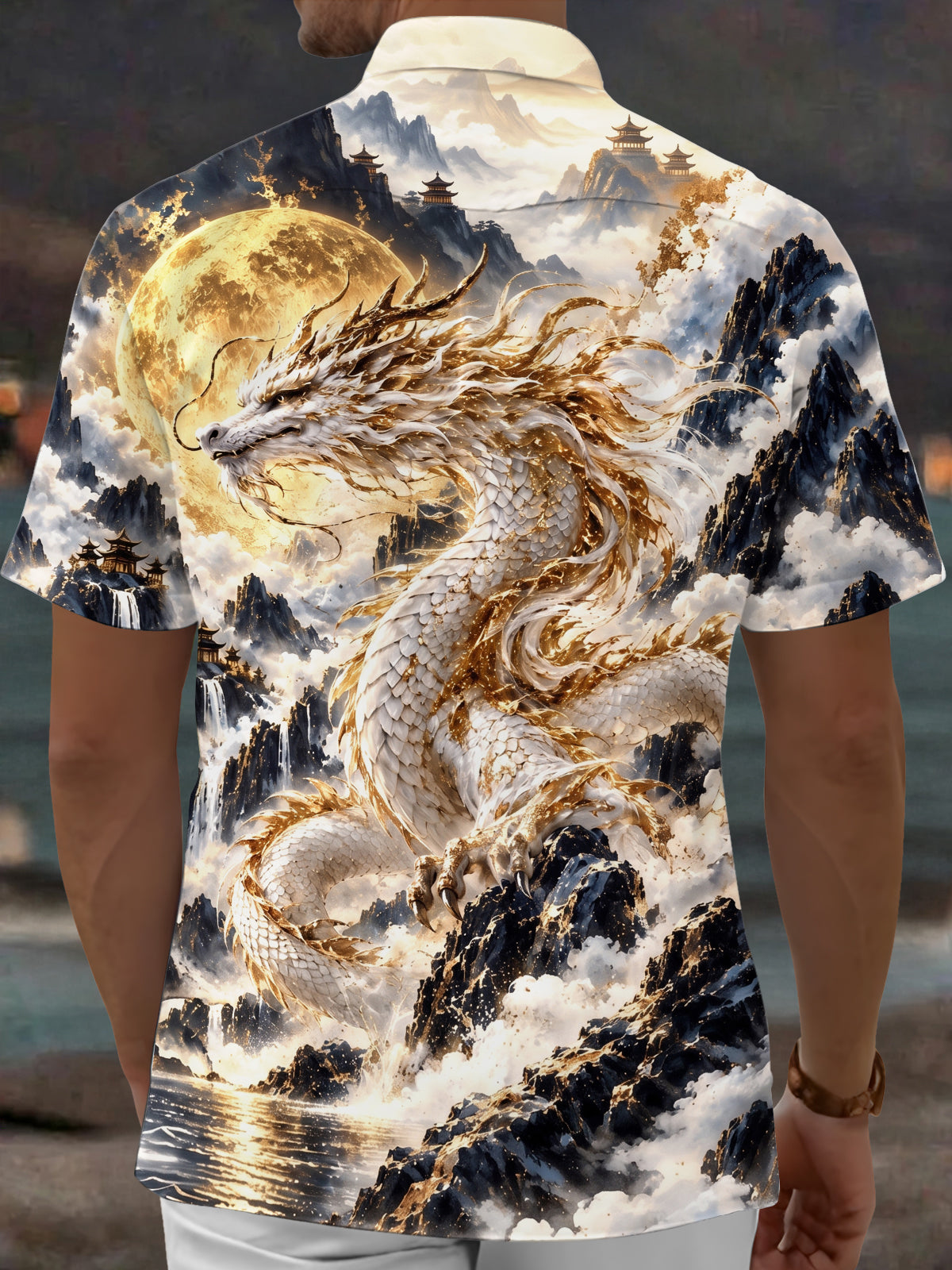 Oceanlyte Men's Hawaiian Chinese Dragon Print Short Sleeve Shirt with Chest Pocket