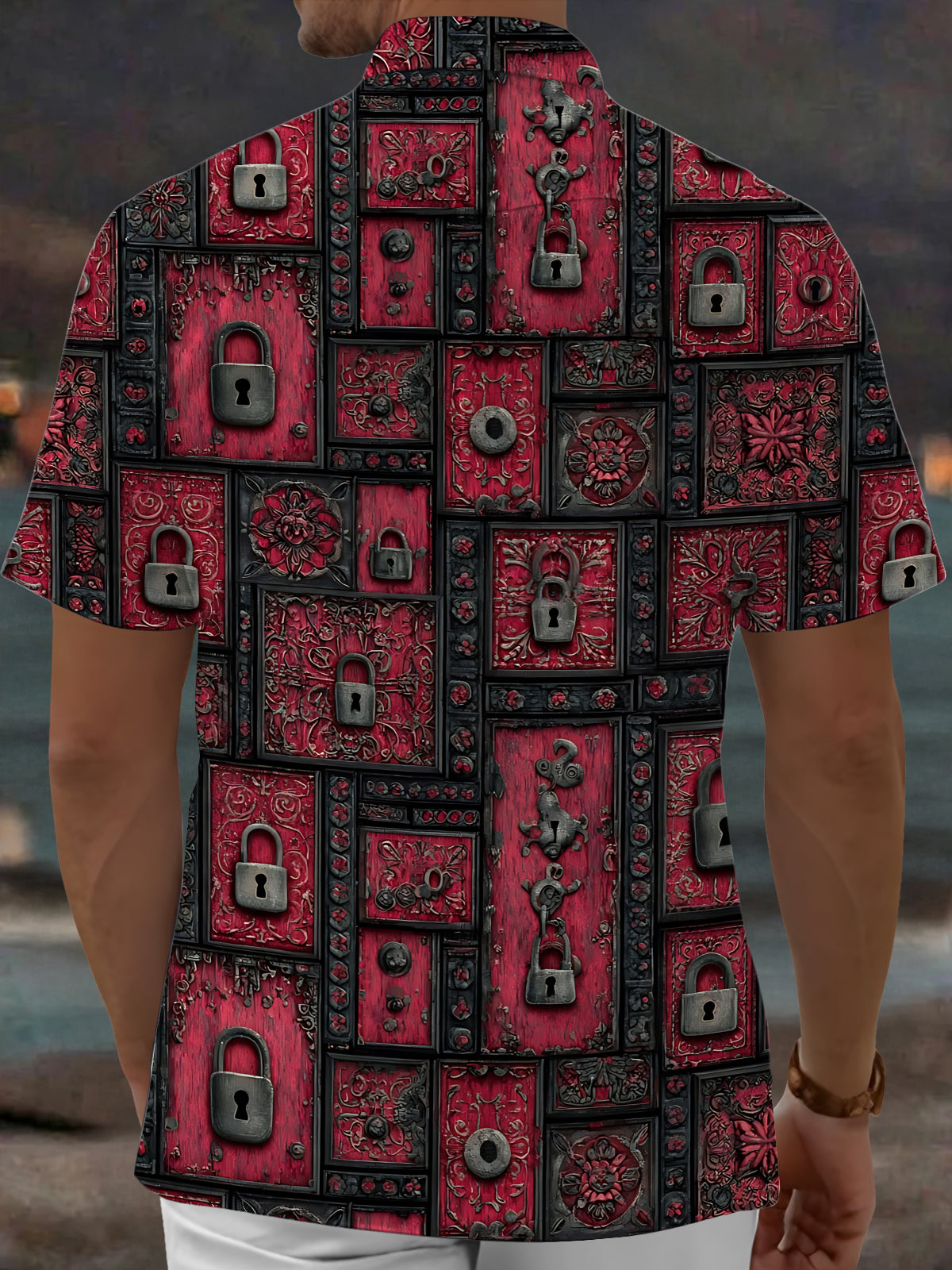 Oceanlyte Men's Vintage Style Vintage Padlock Pattern Short Sleeve Shirt with Chest Pocket