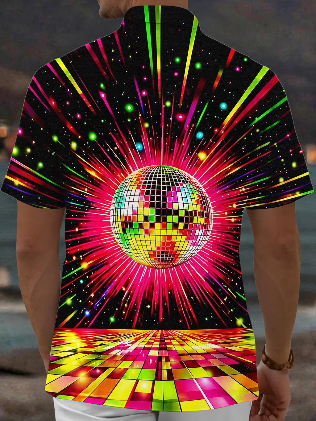 Oceanlyte Men's Retro Disco Ball Print Neon Light Rays Print Short Sle