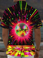 Oceanlyte Men's Retro Disco Ball Print Neon Light Rays Print Short Sleeve Shirt with Chest Pocket
