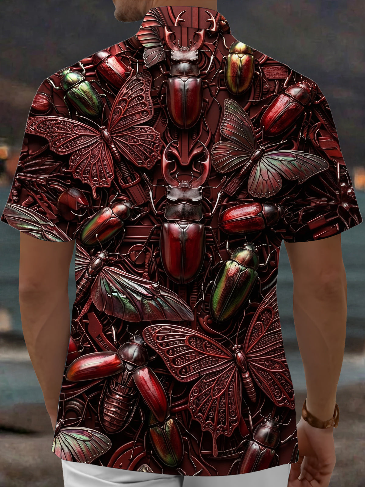 Oceanlyte Men's Hawaiian Insect Beetle Butterfly Print Short Sleeve Shirt