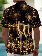 Oceanlyte Men's Short Sleeve Shirt - Christmas Ornaments And Pine Branches Print New Year New Year Champagne Toast With Fireworks Print