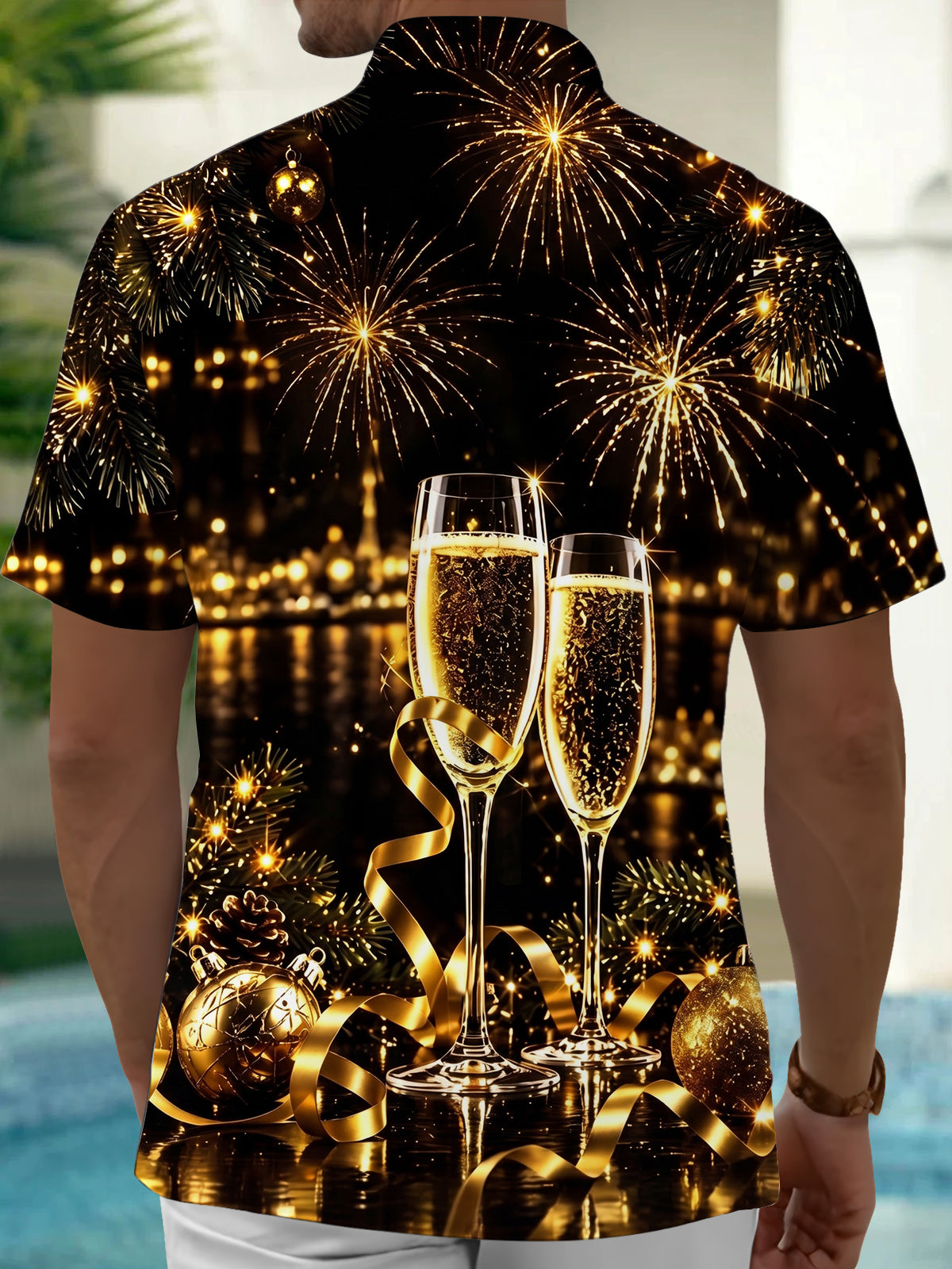 Oceanlyte Men's Short Sleeve Shirt - Christmas Ornaments And Pine Branches Print New Year New Year Champagne Toast With Fireworks Print