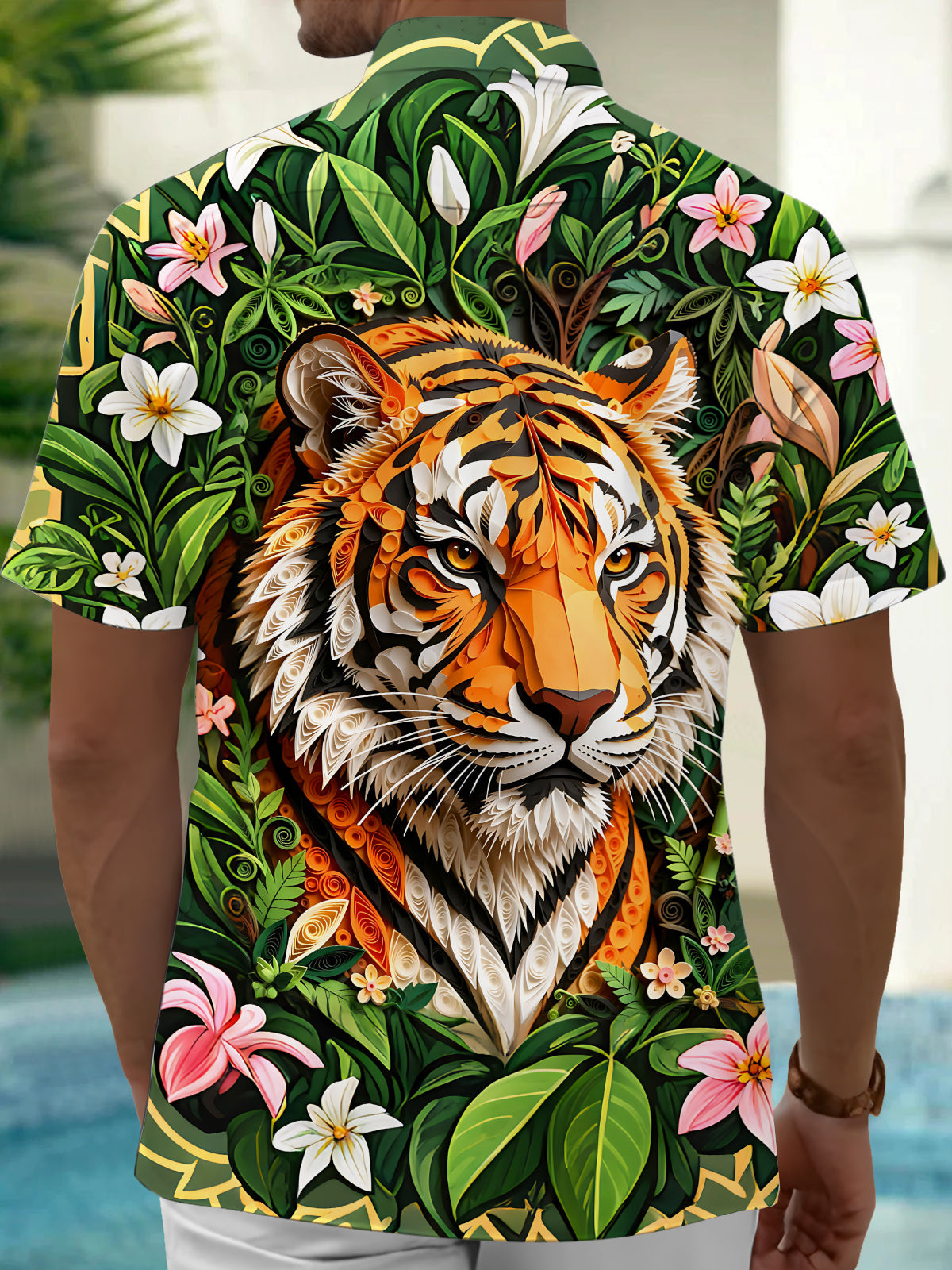 Oceanlyte Men's Hawaiian 3D Relief Tiger Face Print Short Sleeve Shirt with Chest Pocket