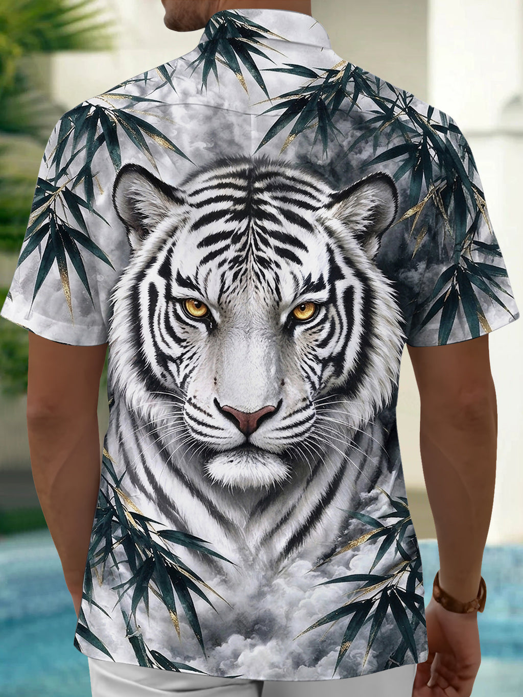 Oceanlyte Men's Hawaiian White Tiger Face Print Short Sleeve Shirt with Chest Pocket