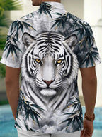 Oceanlyte Men's Hawaiian White Tiger Face Print Short Sleeve Shirt with Chest Pocket