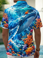 Oceanlyte Men's Hawaiian Blue Whale And Coral Reef Print Short Sleeve Shirt with Chest Pocket