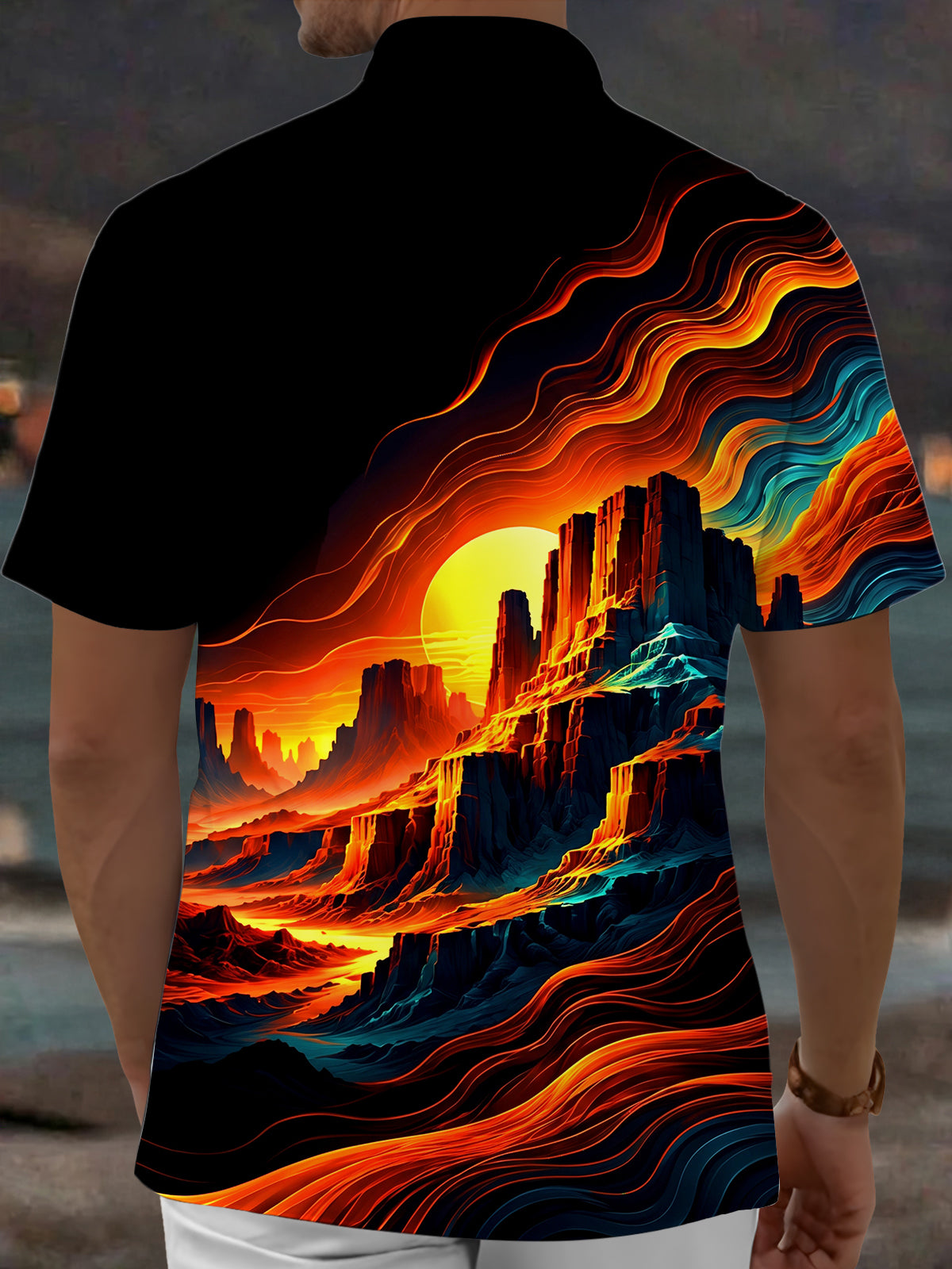 Oceanlyte Men's Neon Wave Canyon Sunset Landscape Print Short Sleeve Shirt with Chest Pocket