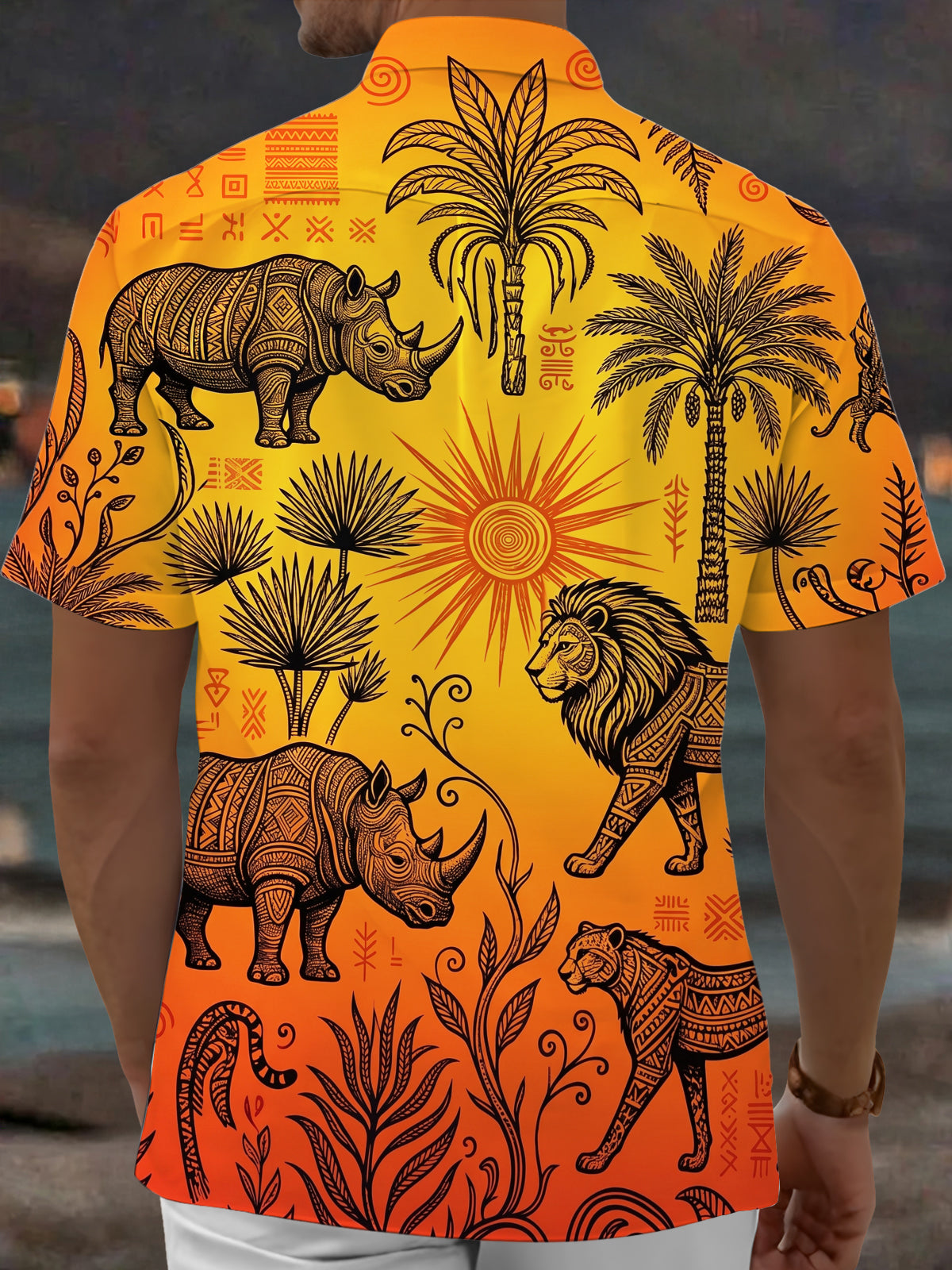 Oceanlyte Men's Hawaiian Wild Animals Print Palm Tree Print Short Sleeve Shirt with Chest Pocket