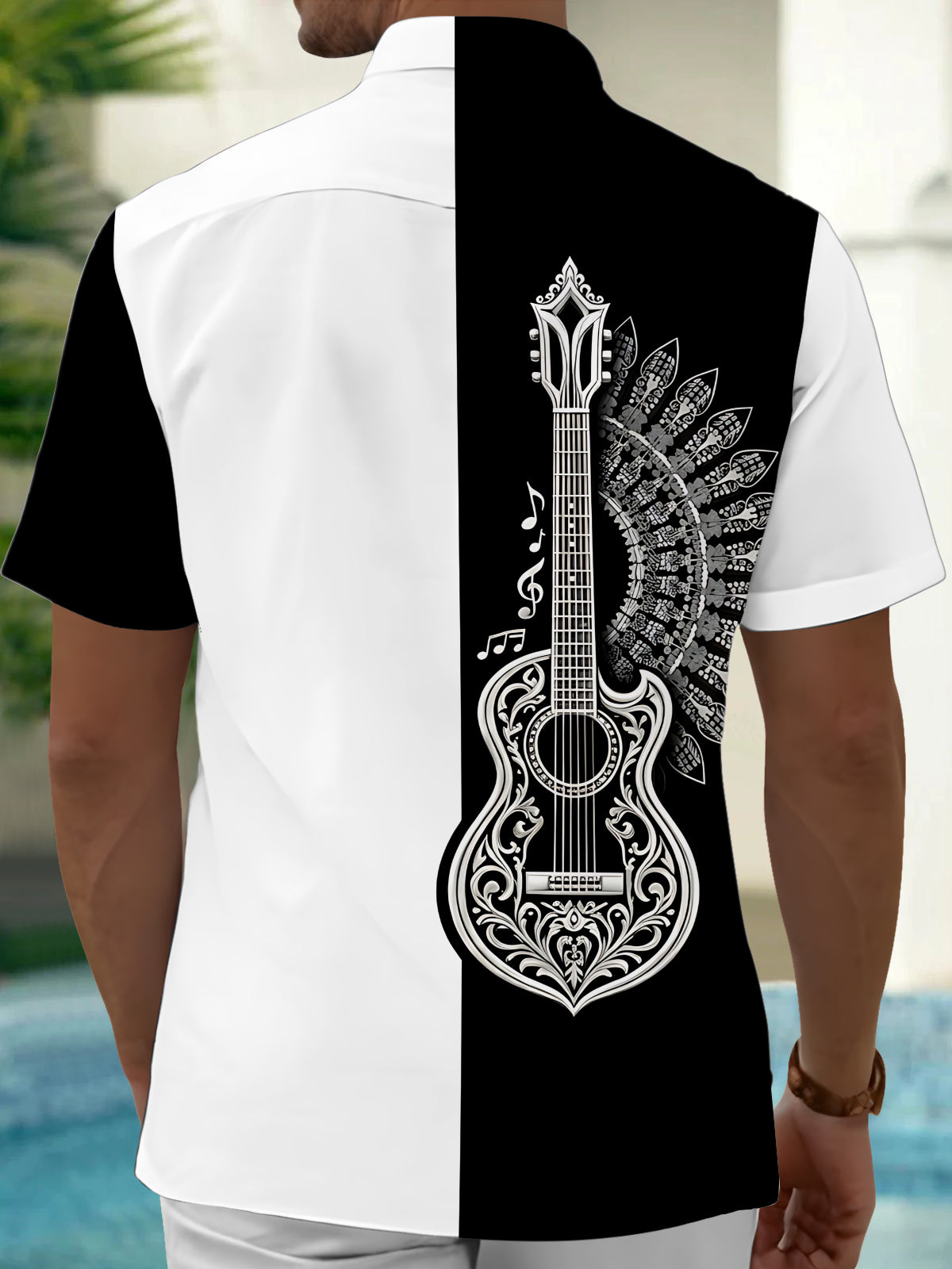 Oceanlyte Men's Graphic Guitar Mandala Print Short Sleeve Shirt with Chest Pocket