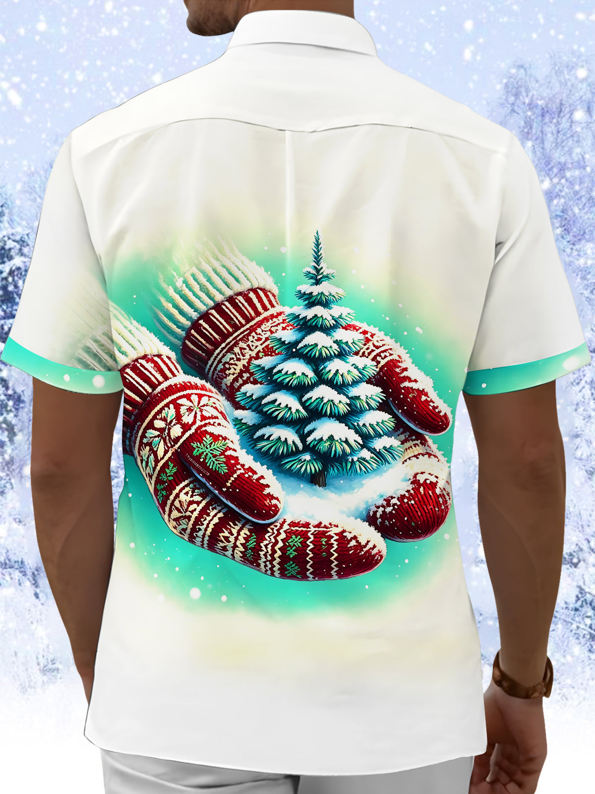 Oceanlyte Men's Printed Christmas Tree Print Short Sleeve Shirt with Chest Pocket