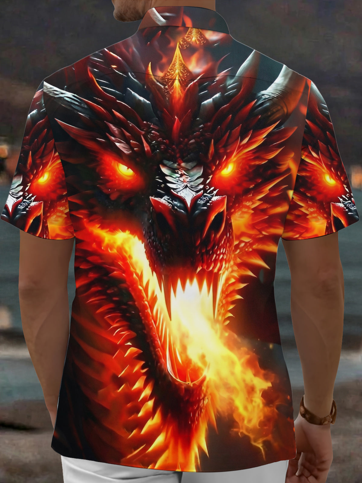 Oceanlyte Men's Graphic Fire Dragon Print Glowing Eyes Print Short Sleeve Shirt with Chest Pocket