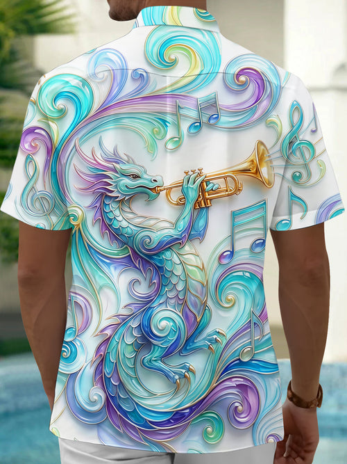 Oceanlyte Men's 3D Dragon Playing Trumpet Print Short Sleeve Shirt with Chest Pocket