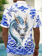 Oceanlyte Men's Printed Blue And White Porcelain Dragon Print Short Sleeve Shirt with Chest Pocket