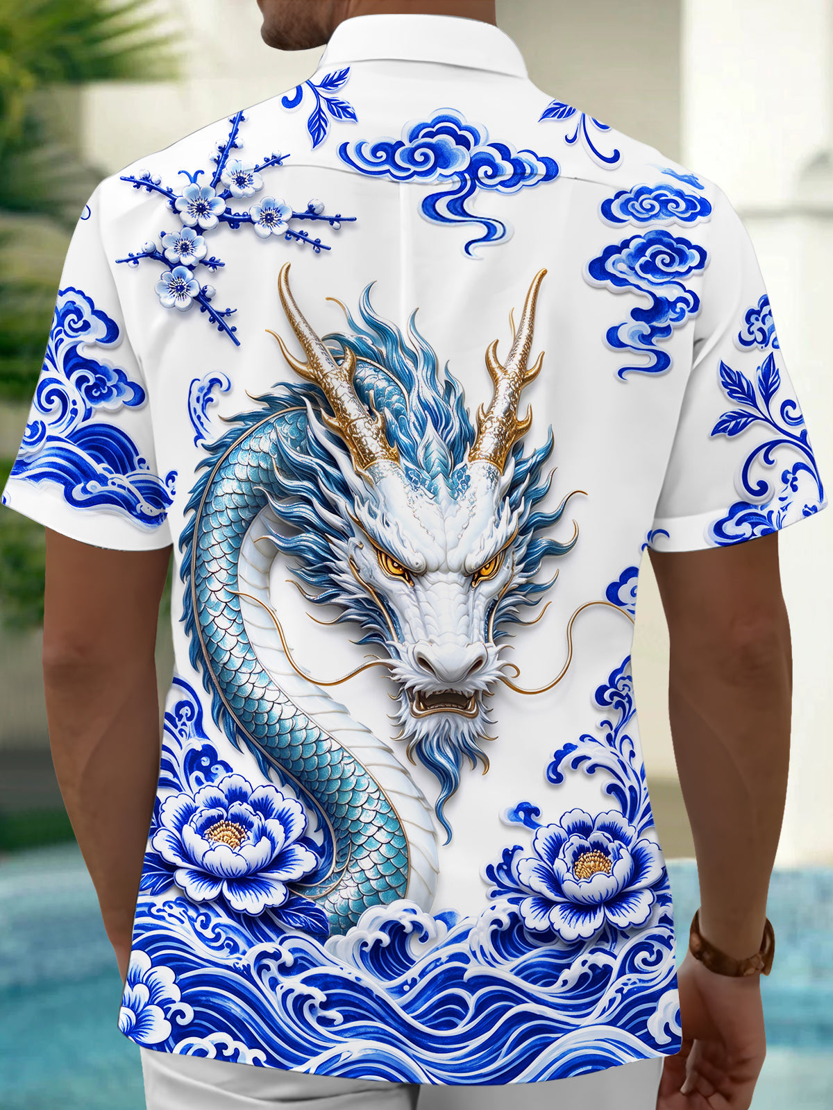 Oceanlyte Men's Printed Blue And White Porcelain Dragon Print Short Sleeve Shirt with Chest Pocket