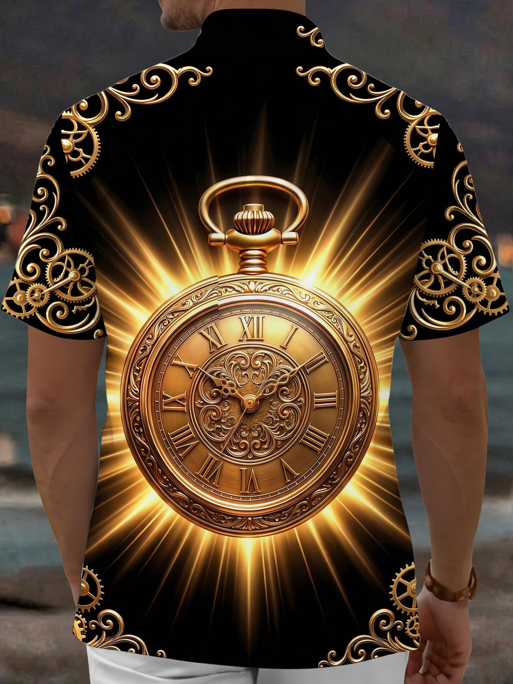 Oceanlyte Men's Vintage Style Golden Pocket Watch Print Short Sleeve Shirt with Chest Pocket