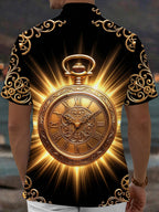 Oceanlyte Men's Vintage Style Golden Pocket Watch Print Short Sleeve Shirt with Chest Pocket