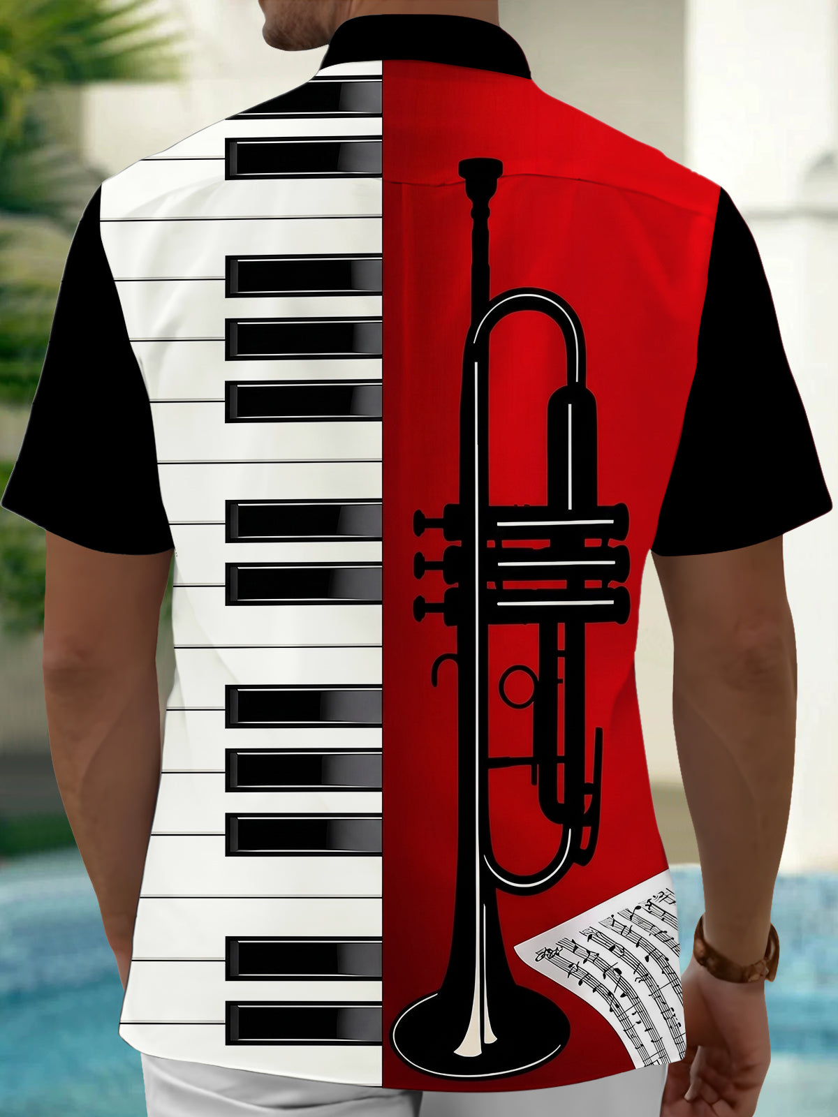 Oceanlyte Men's Graphic Piano Keyboard Print Short Sleeve Shirt with Chest Pocket