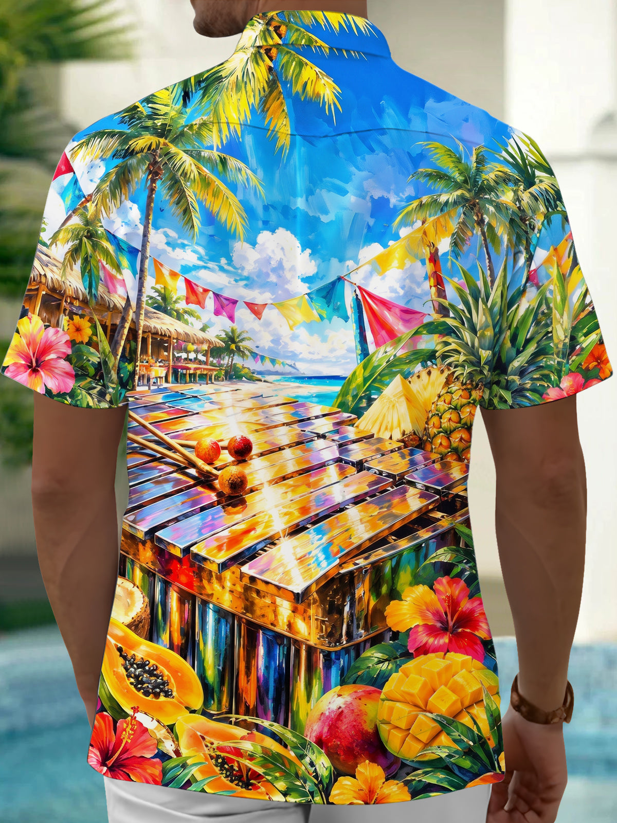 Oceanlyte Men's Short Sleeve Shirt - Tropical Beach Scene With Xylophone And Fruit Print with Chest Pocket