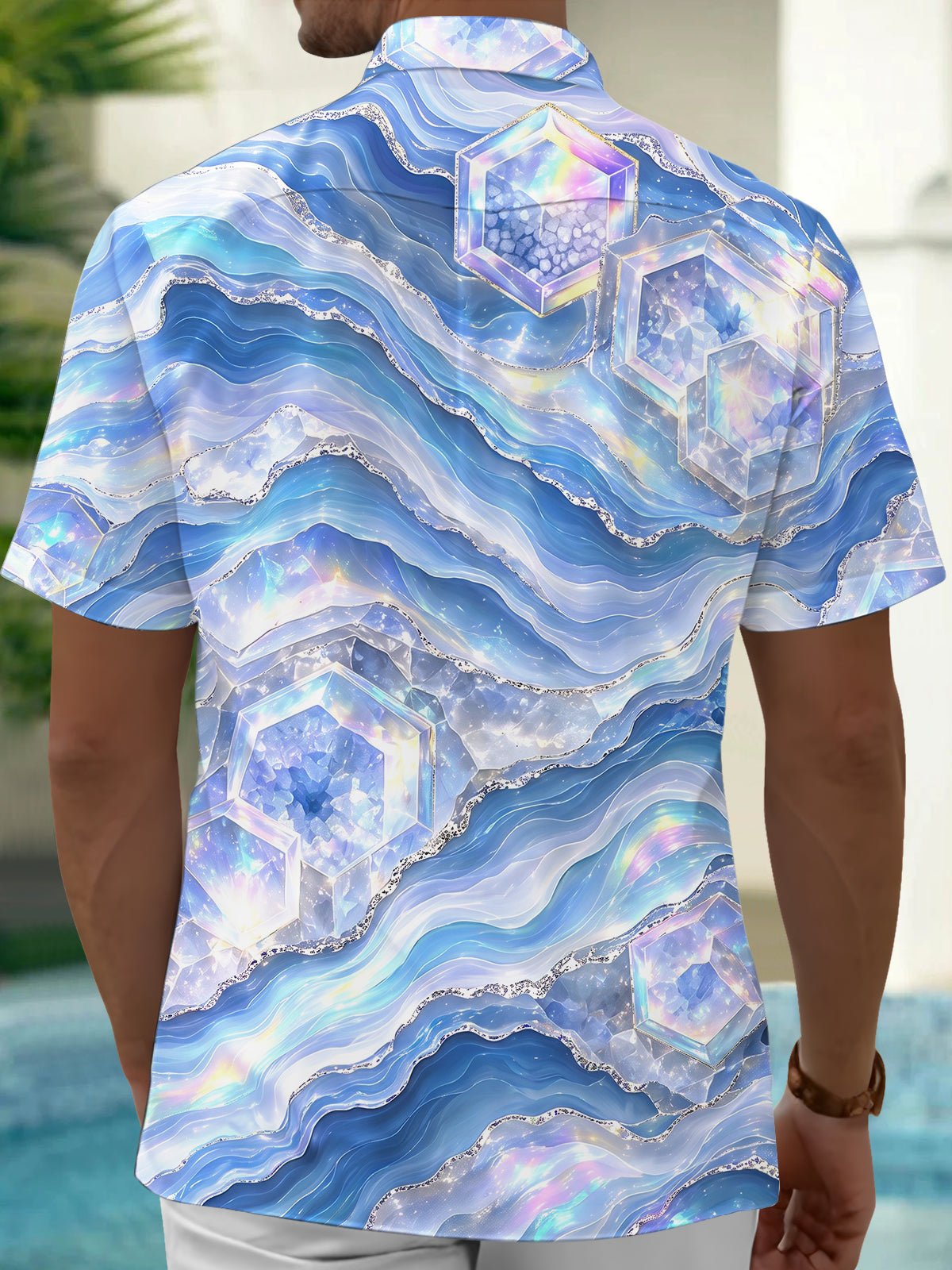 Oceanlyte Men's Short Sleeve Shirt - Abstract Geometric Hexagons And Wavy Lines Print with Chest Pocket