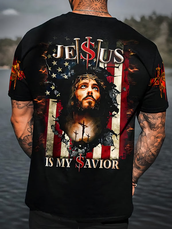 Christianity Jesus American Flag Round Neck Short Sleeve Men's T-shirt