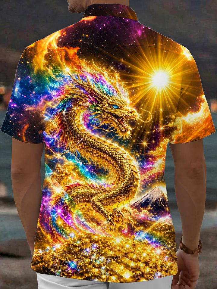 Oceanlyte Men's Hawaiian Golden Dragon Print Short Sleeve Shirt with Chest Pocket