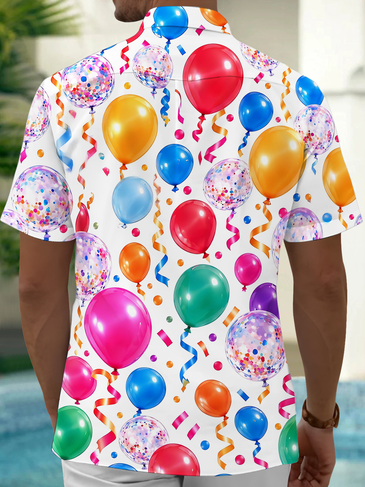 Oceanlyte Men's Hawaiian Colorful Balloons And Confetti Print Short Sleeve Shirt with Chest Pocket