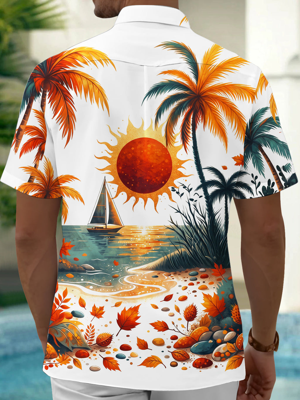Oceanlyte Men's Short Sleeve Shirt - Tropical Sunset Beach With Sailboat And Palm Trees Print with Chest Pocket