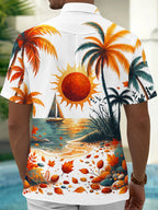 Oceanlyte Men's Short Sleeve Shirt - Tropical Sunset Beach With Sailboat And Palm Trees Print with Chest Pocket