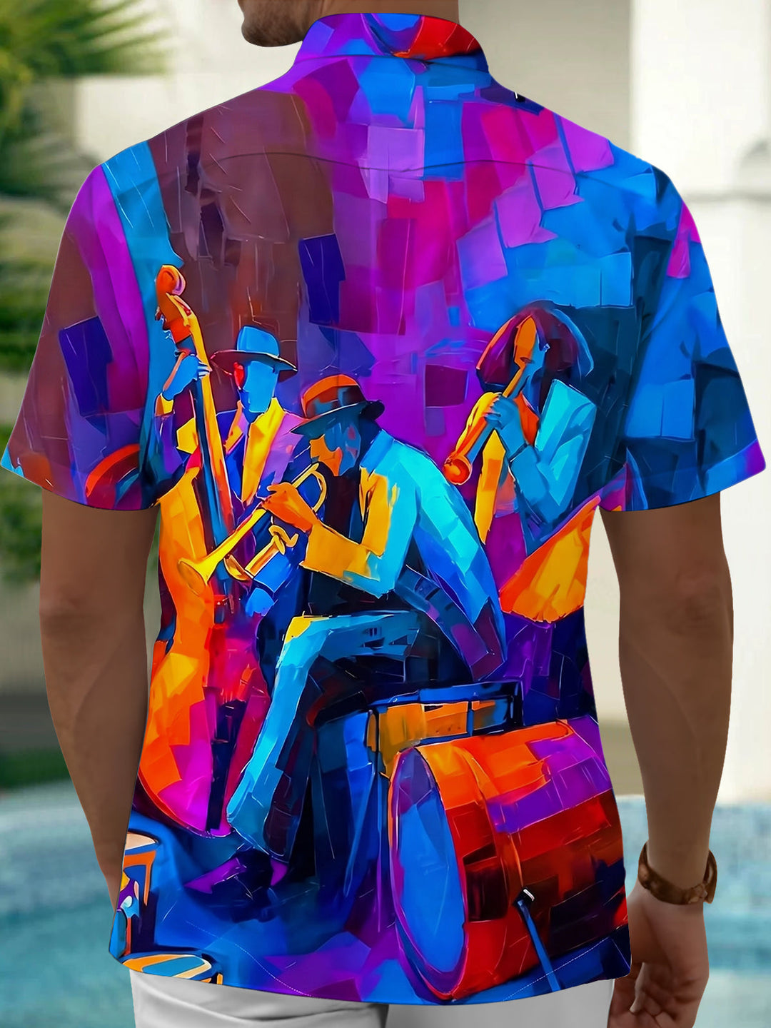 Oceanlyte Men's Abstract Jazz Musicians Graphic Print Short Sleeve Button Down Shirt with Chest Pocket