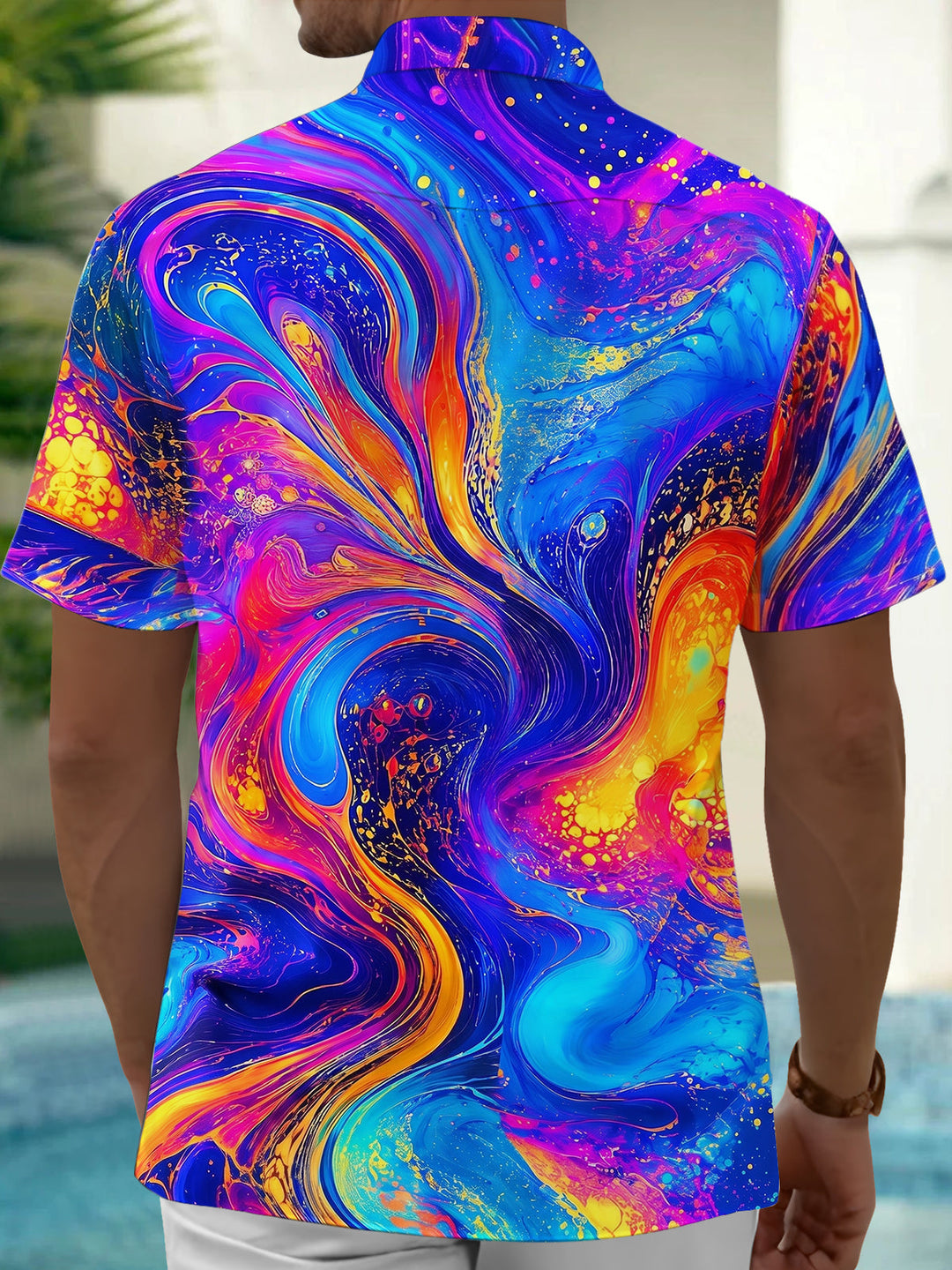 Oceanlyte Men's Hawaiian Swirling Liquid Oil Pattern Short Sleeve Shirt with Chest Pocket