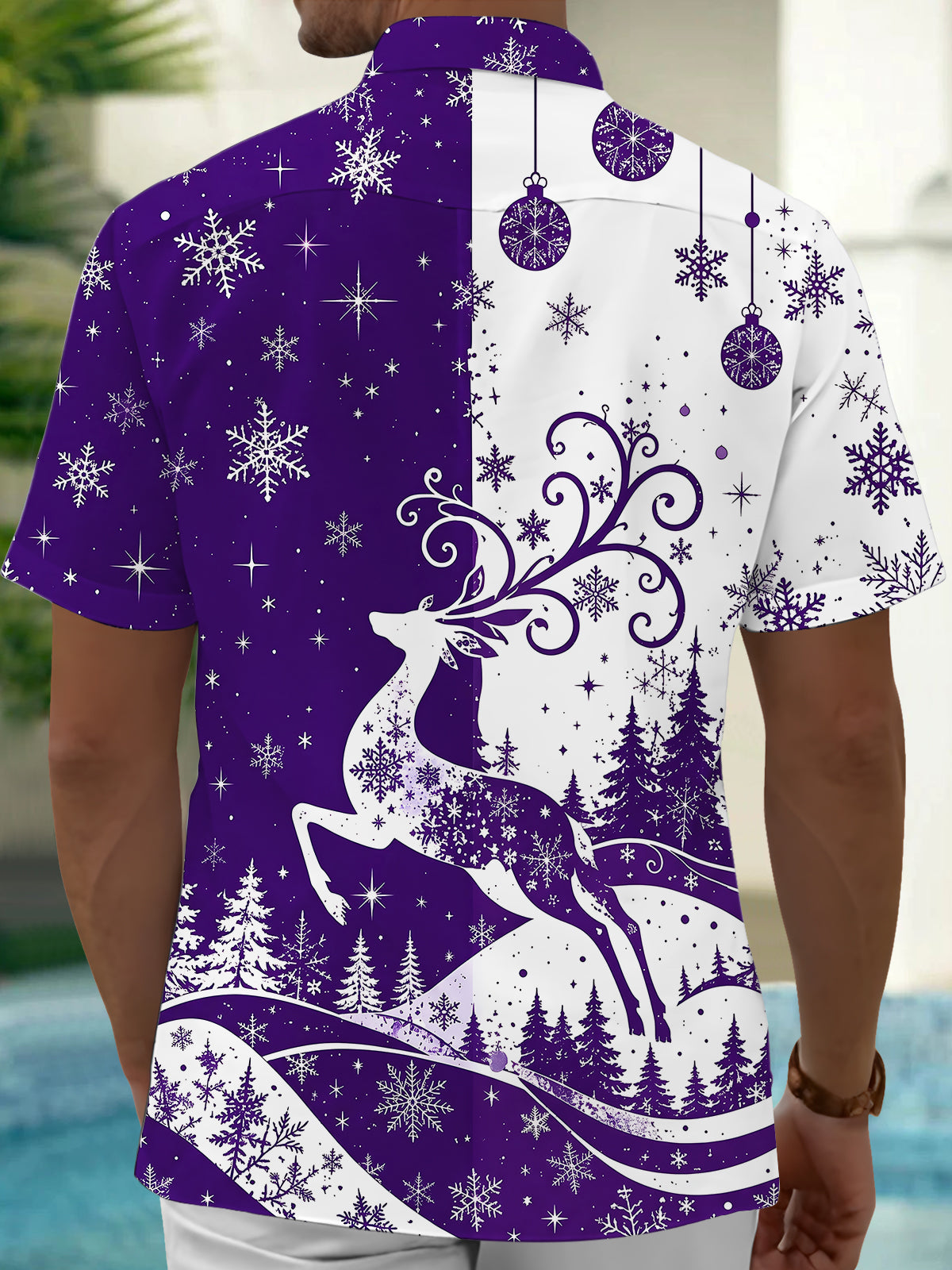 Oceanlyte Men's Printed Christmas Deer And Snowflakes Print Short Sleeve Shirt with Chest Pocket